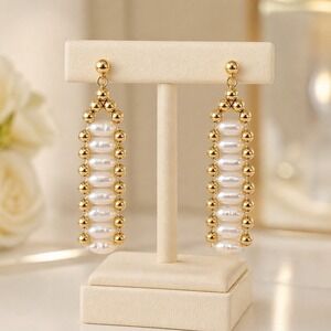 Vintage 14K Gold Freshwater Pearl Ladder Dangle Post Earrings 1.5"
